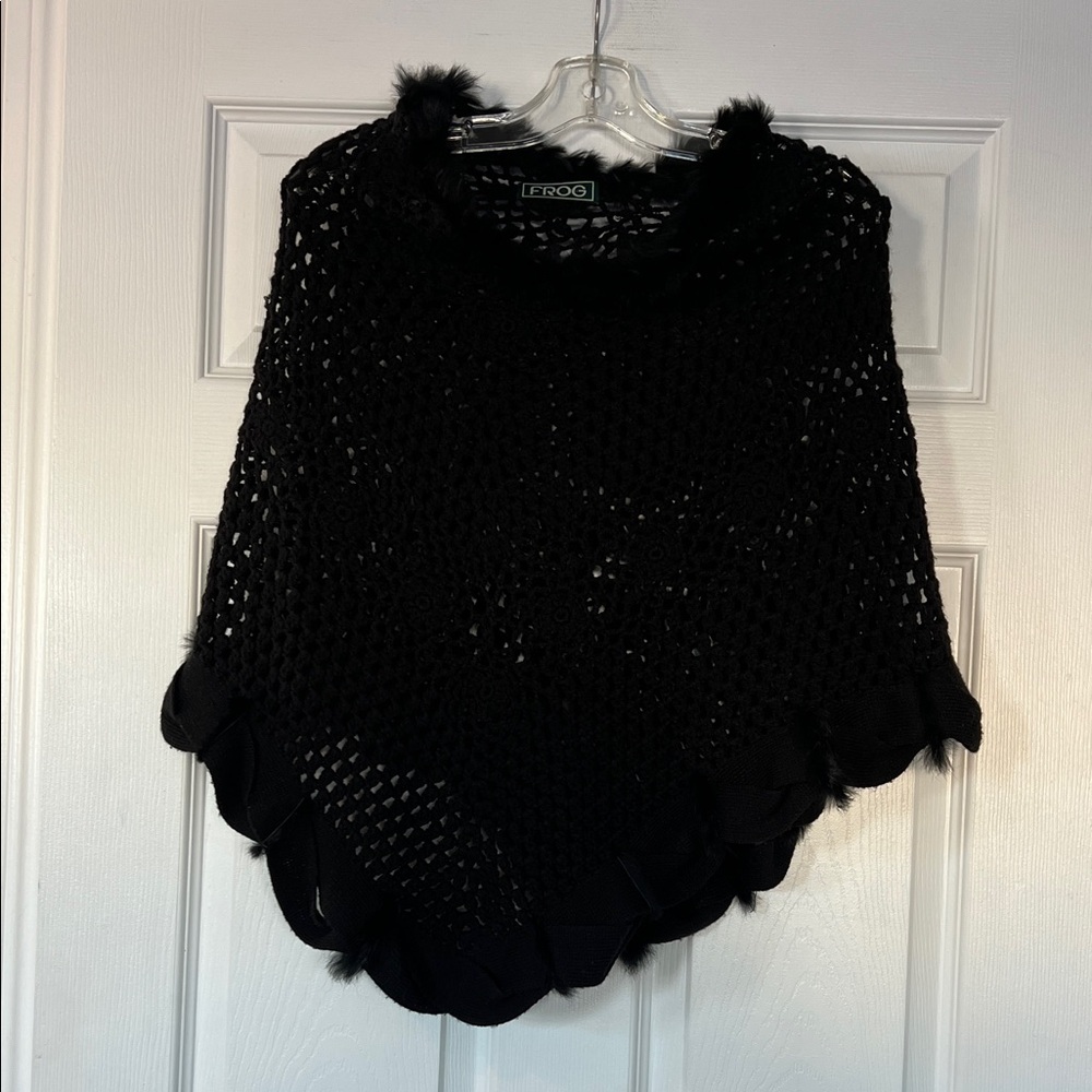 Fur trimmed Black Knit Poncho by Frog